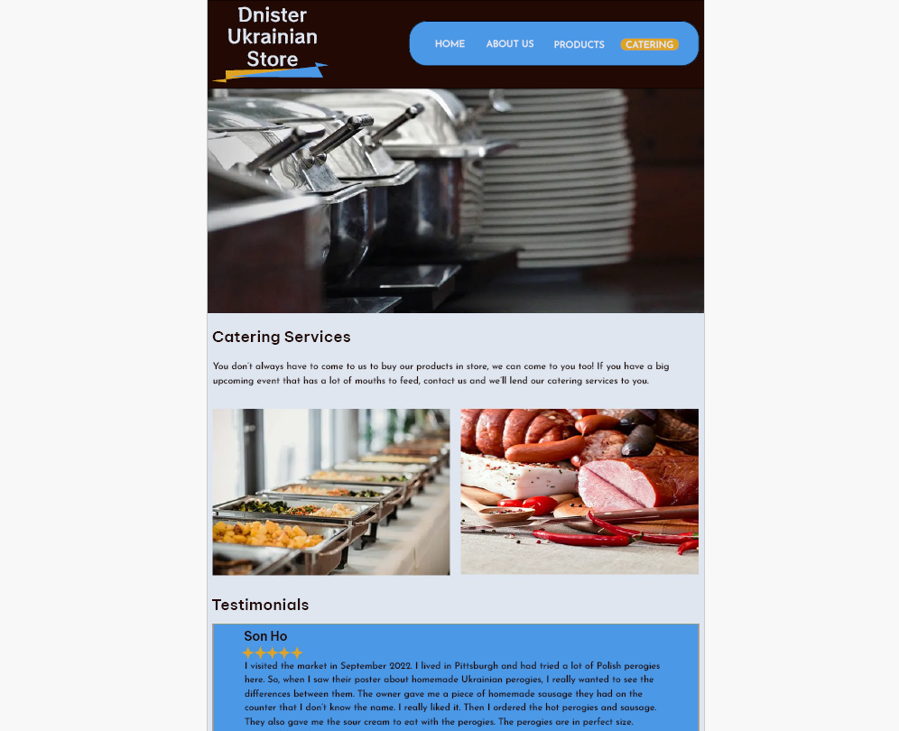 screenshot of dnister testimonials and catering page